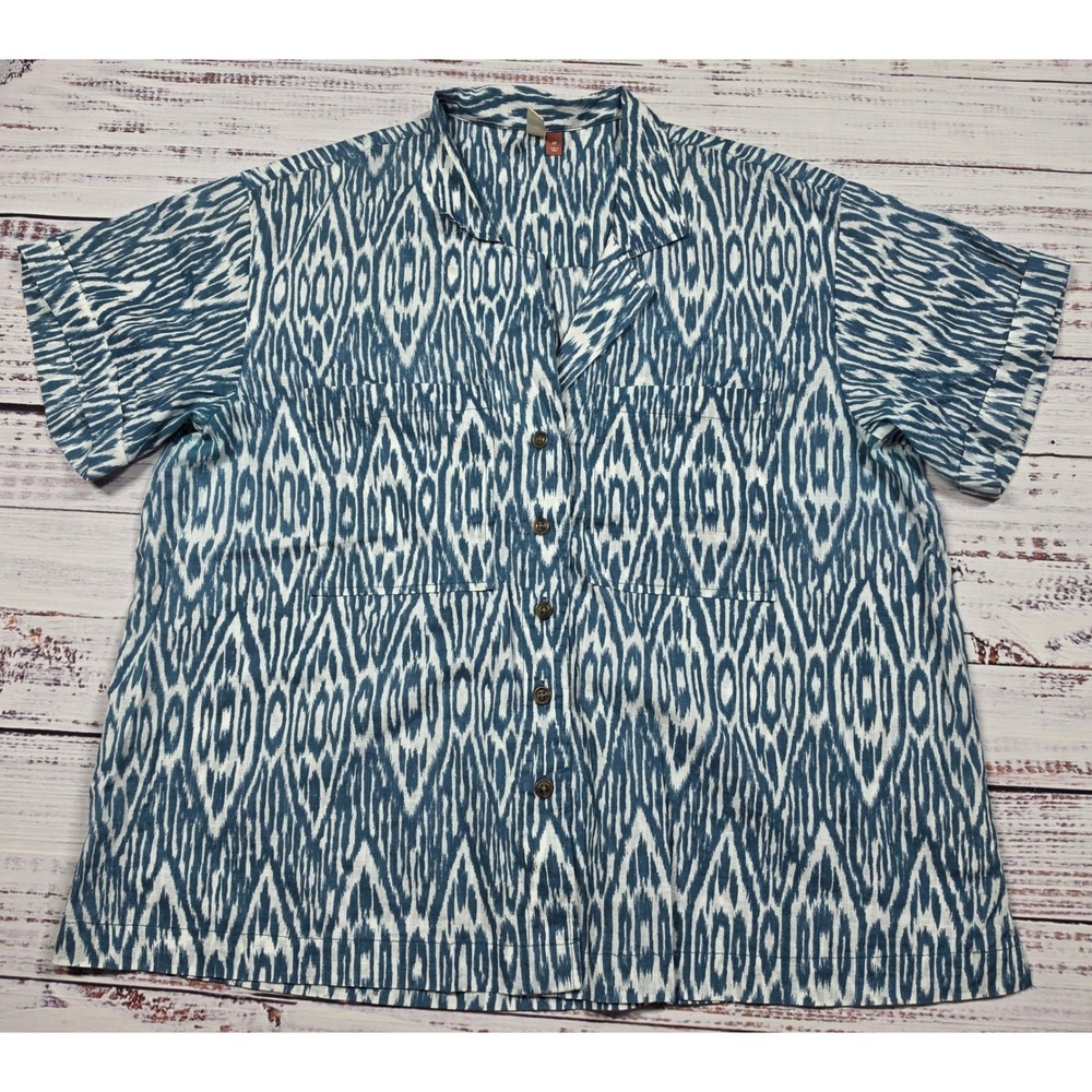 Pilcro‎ Button Down Shirt Womens SP Blue Excellent Ikat Cotton Short Sleeve Top